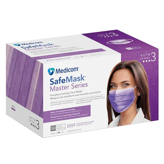 Box of Medicom SafeMask Master Series Level 3 purple medical face masks, 50 count