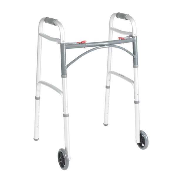 Lightweight aluminum folding walker with two front wheels and ergonomic hand grips