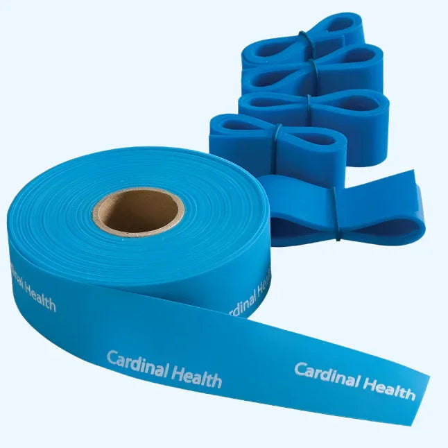 Blue Cardinal Health medical tourniquet roll and pre-cut tourniquet strips