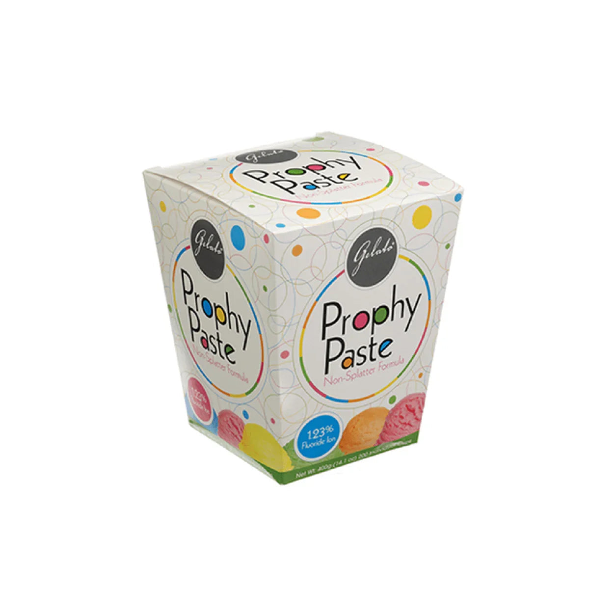 Box of Prophy Paste fluoride dental polishing paste with colorful gelato design