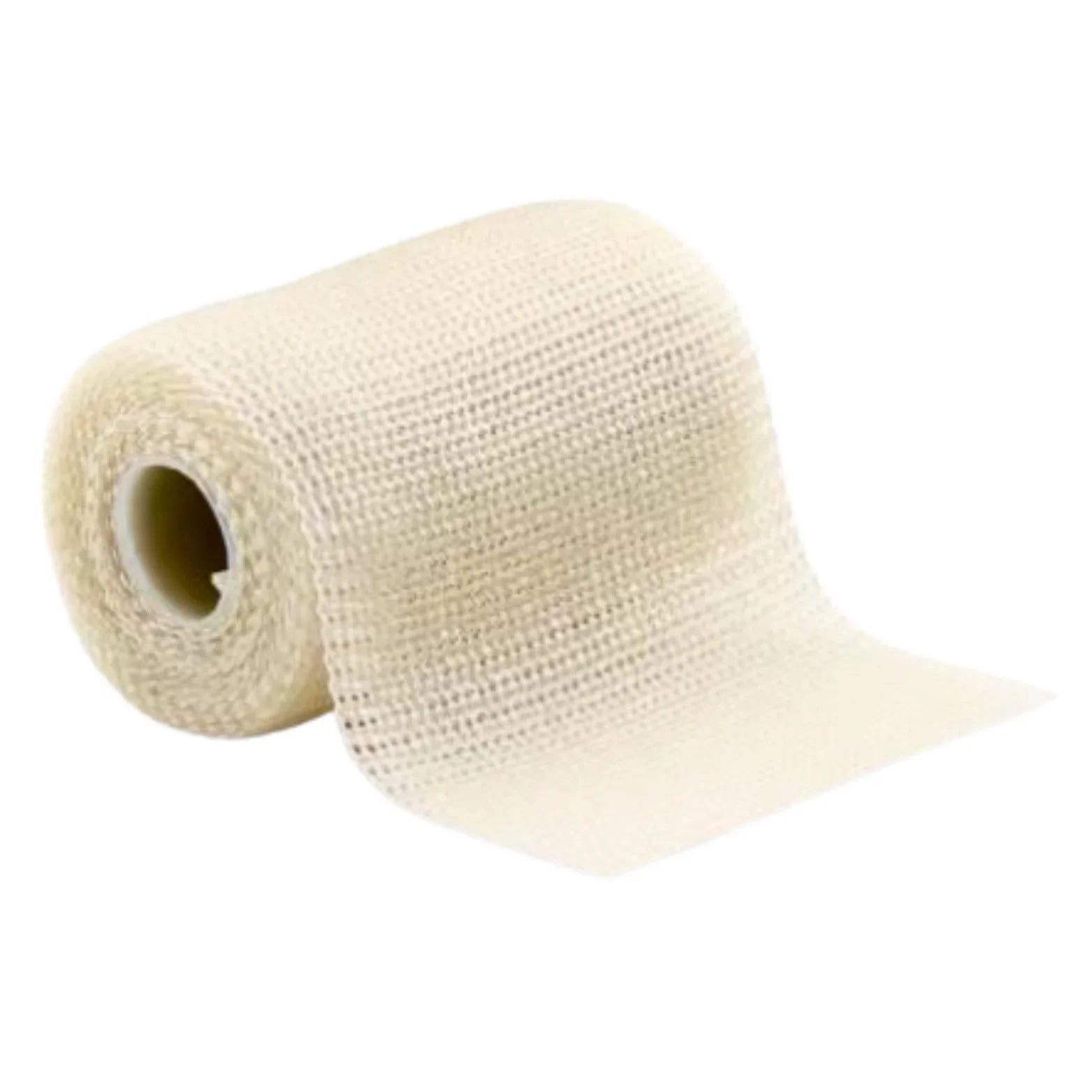 Medical gauze bandage roll for wound care and first aid, unrolled on white background
