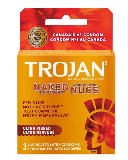 Trojan Naked Sensations ultra ribbed lubricated latex condoms, 3-count box, yellow and red packaging.