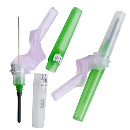 IV safety butterfly needles with green and purple wings, protective covers, medical supply