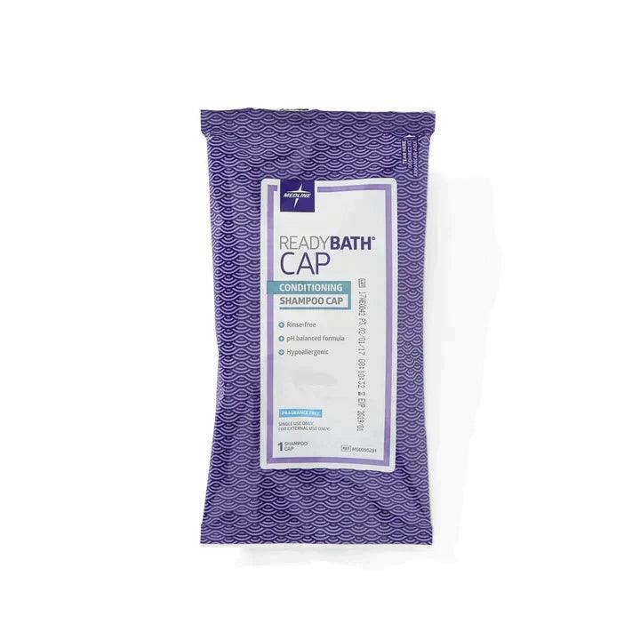 ReadyBath conditioning shampoo cap package, rinse-free, pH-balanced, purple patterned bag