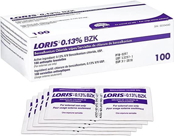 Box of Loris 0.13% benzalkonium chloride antiseptic wipes with sachets displayed