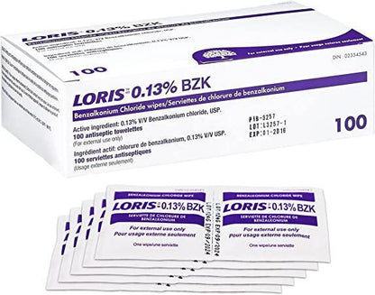 Box of Loris 0.13% benzalkonium chloride antiseptic wipes with sachets displayed