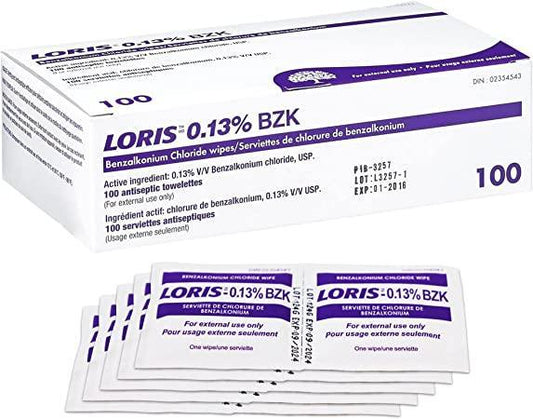 LORIS 0.13% BZK benzalkonium chloride antiseptic wipes box with individual packets