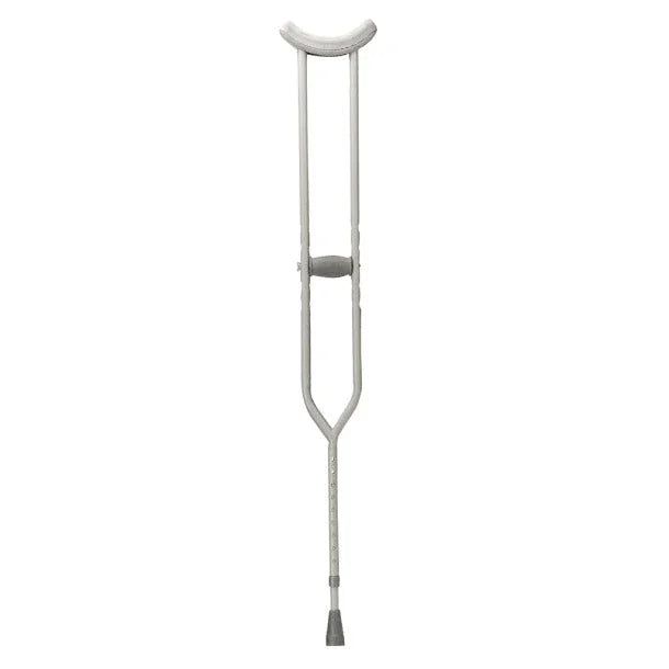 Adjustable aluminum medical crutch with padded underarm and hand grip on white background