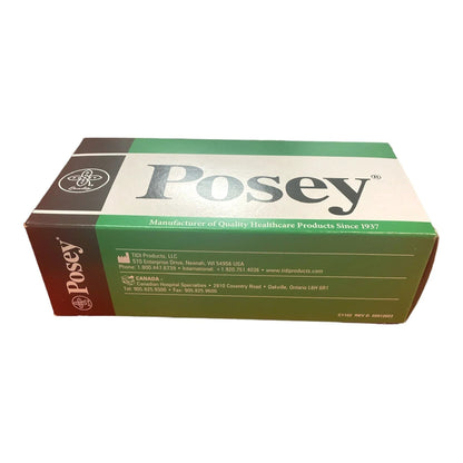 Posey medical supplies box, green and brown packaging, healthcare product container