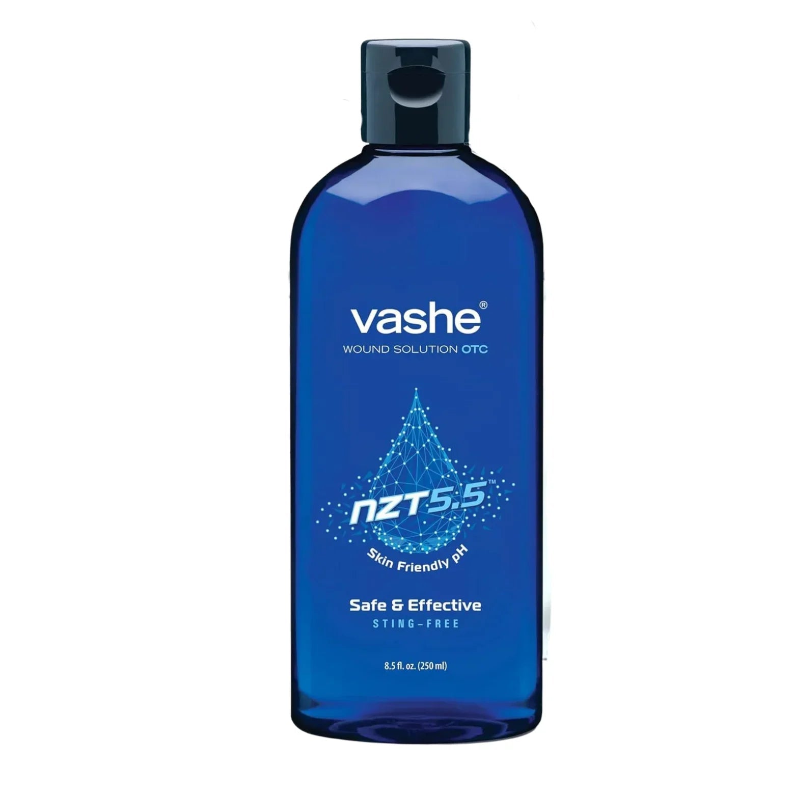 Vashe wound solution OTC 250ml blue bottle, skin-friendly pH, safe effective wound care