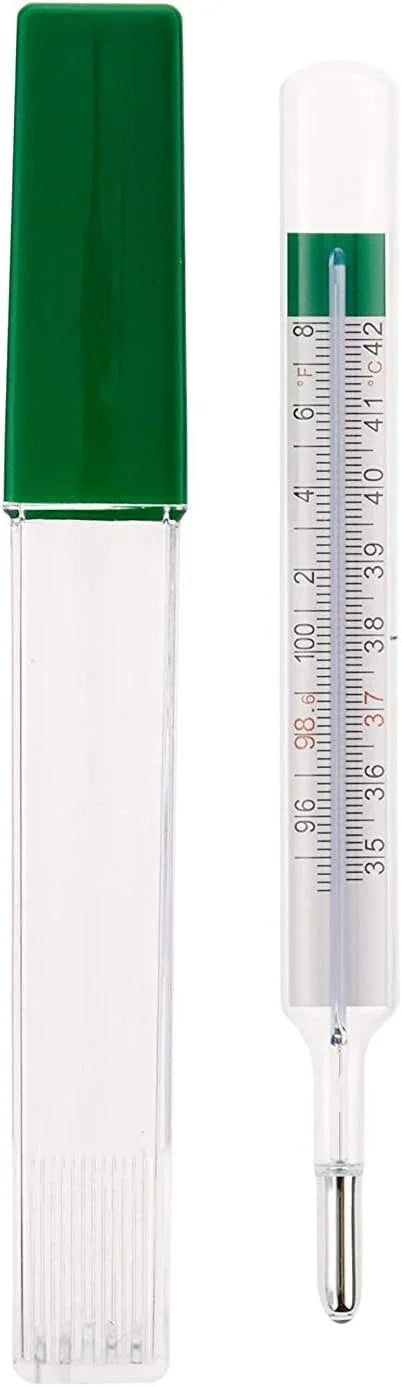 Glass medical thermometer with green plastic case for home healthcare