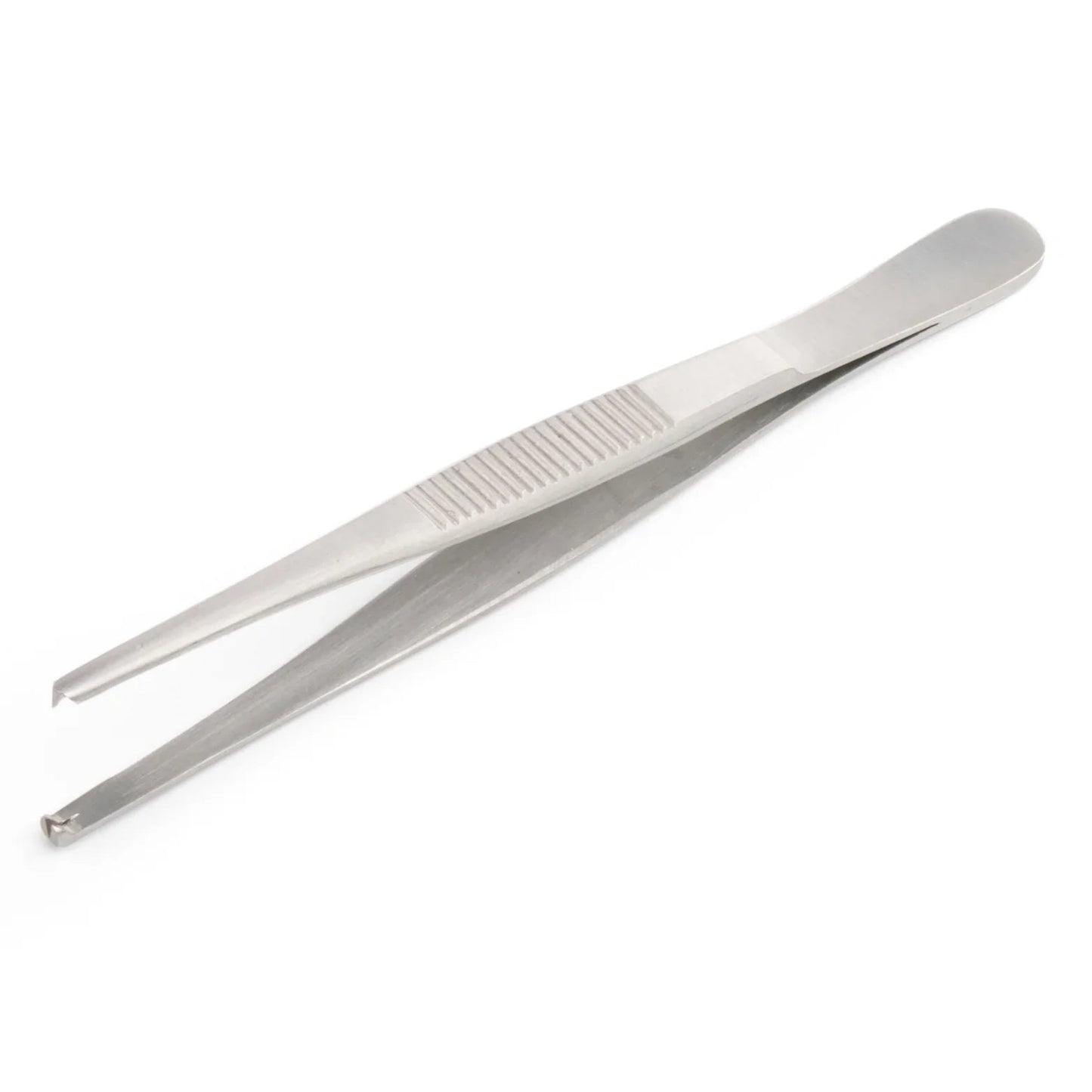 Stainless steel medical tweezers with textured grip on white background