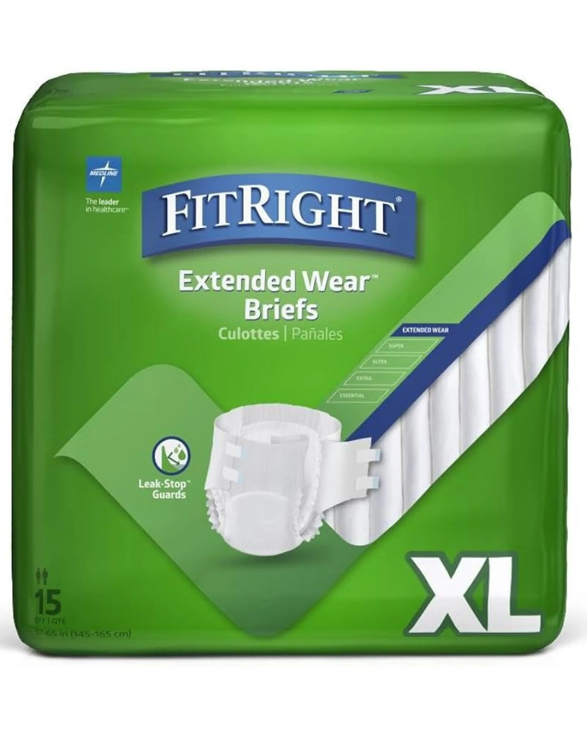 FitRight Extended Wear Briefs XL adult diapers package, 15 count, green packaging