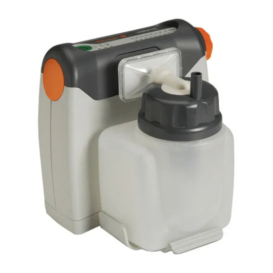 Portable medical suction machine with clear collection canister, used for respiratory care.