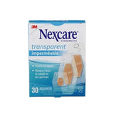 Box of Nexcare transparent waterproof assorted bandages, 30 count.