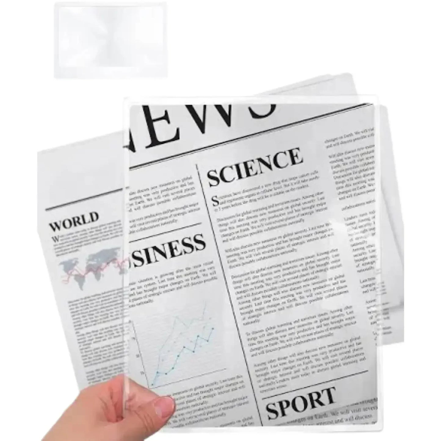 Hand holding a flexible rectangular magnifier sheet enlarging newspaper text