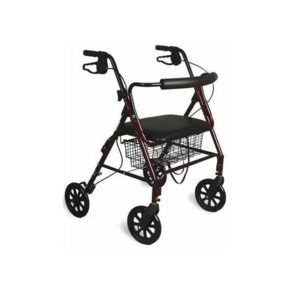 Folding rollator walker with seat, backrest, basket, and four wheels for mobility support