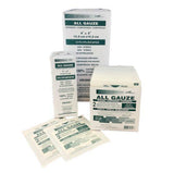 Medical gauze sponges in various sterile packaging, home care and wound care supplies.
