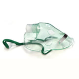 Clear adult oxygen mask with green elastic strap and tubing inlet on white background
