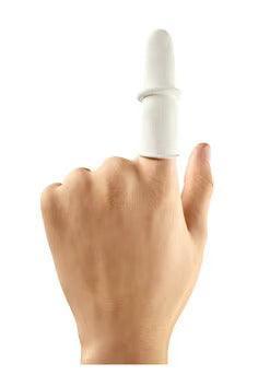 Hand with medical finger cot protective latex cover on index finger, isolated on white