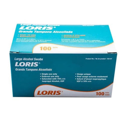 Box of LORIS large alcohol swabs, 100 count, 70% isopropyl alcohol, sterile medical supplies