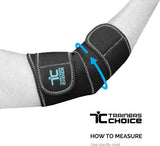 Adjustable black elbow support brace on arm, labeled Trainers Choice, for injury relief