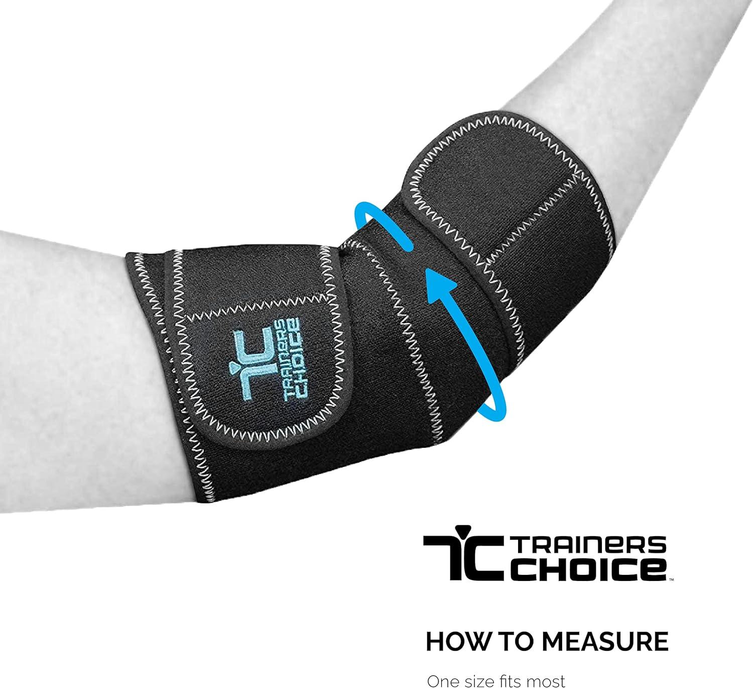 Adjustable black elbow support brace on arm, labeled Trainers Choice, for injury relief