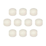 Ten white cylindrical medical filter pads arranged in two rows on white background