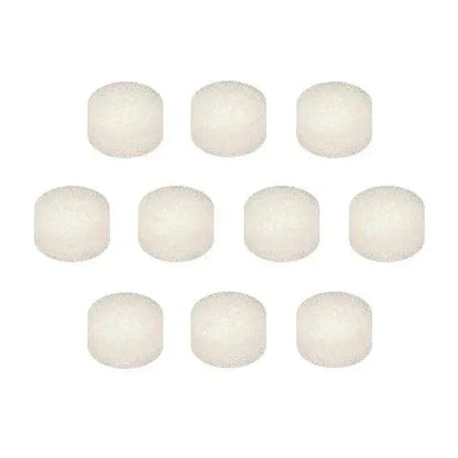 Ten white cylindrical medical filter pads arranged in two rows on white background