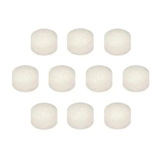 Ten white round medical filter pads arranged in two rows on a white background