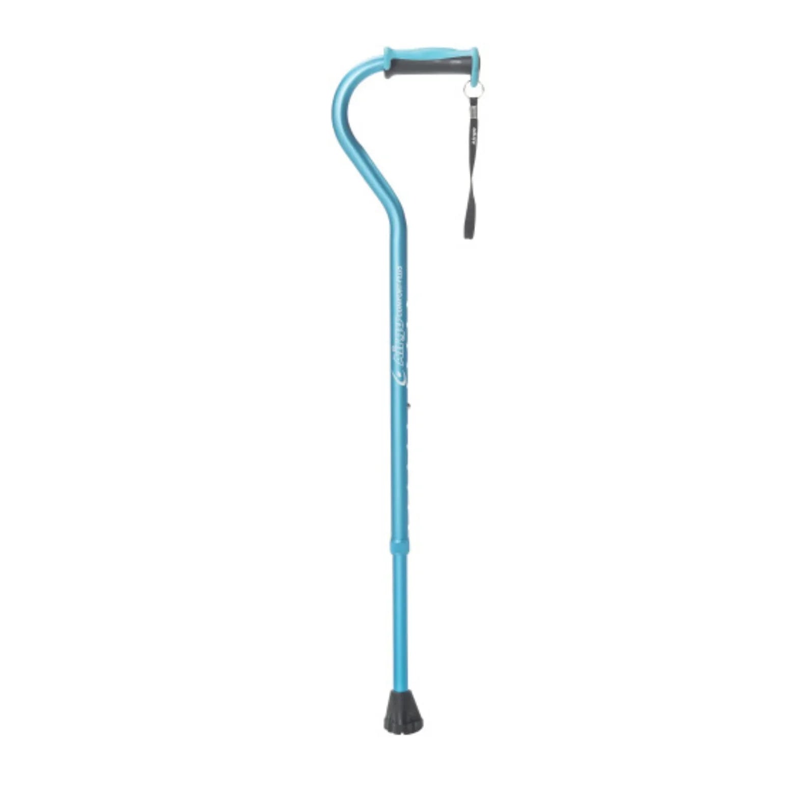 Blue adjustable walking cane with ergonomic handle and wrist strap for mobility support