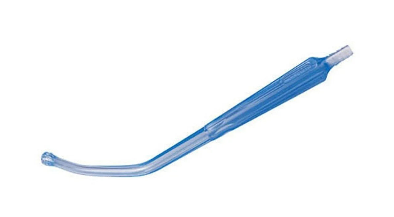 Blue plastic medical suction yankauer tip on white background for hospital use