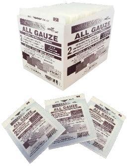 Sterile gauze pads in individual packages, box of medical wound care supplies