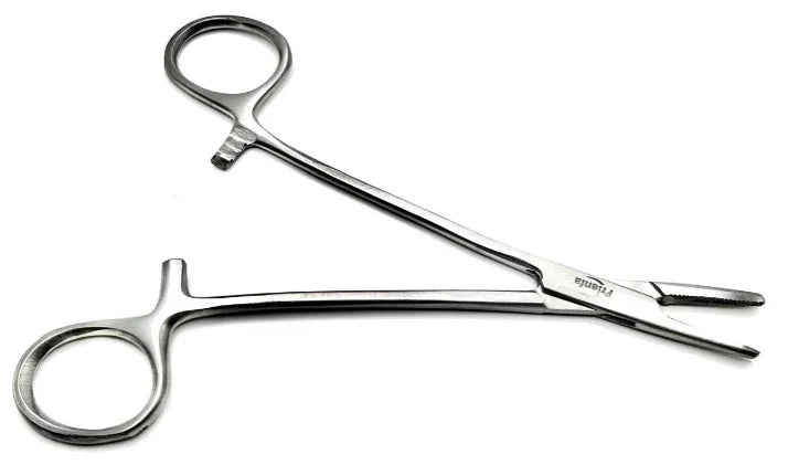 Stainless steel medical hemostat forceps with locking handle on white background