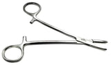 Stainless steel medical hemostat forceps on white background, surgical instrument