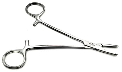 Stainless steel medical hemostat forceps on white background, surgical instrument