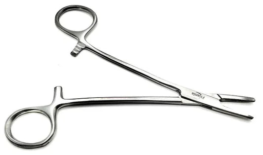 Stainless steel medical hemostat forceps on white background, surgical instrument