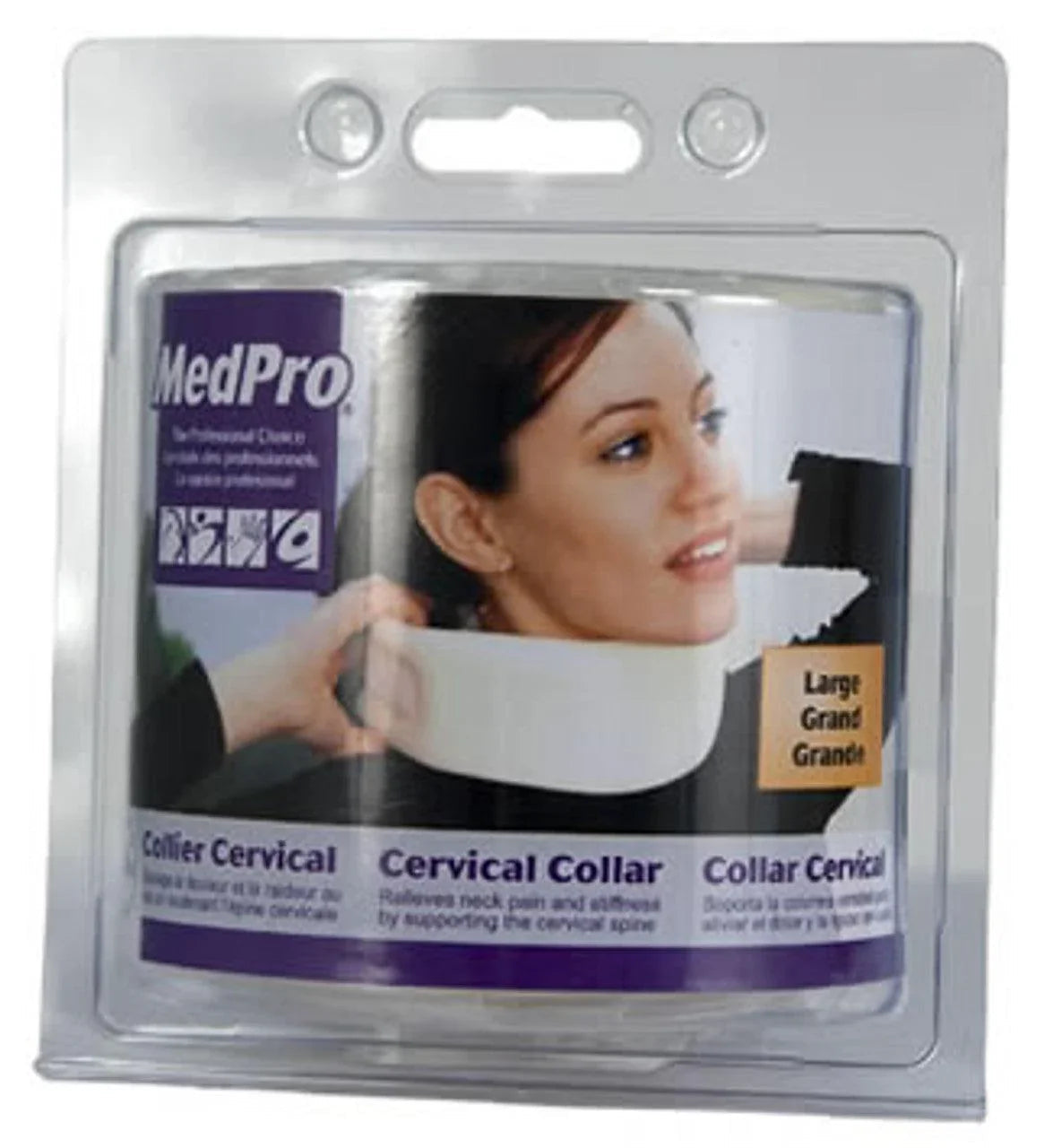 MedPro cervical collar in retail packaging for neck pain relief and cervical spine support, size large.