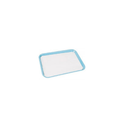 Disposable underpad with blue border for medical or home care use on white background