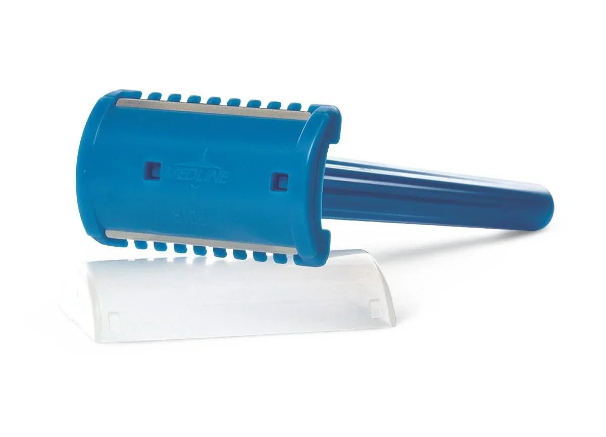 Blue disposable medical razor with safety guard on white background