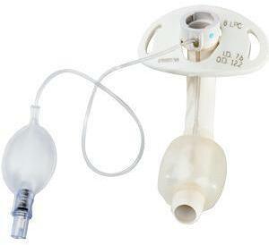 Medical tracheostomy tube with cuff and inflation line on white background