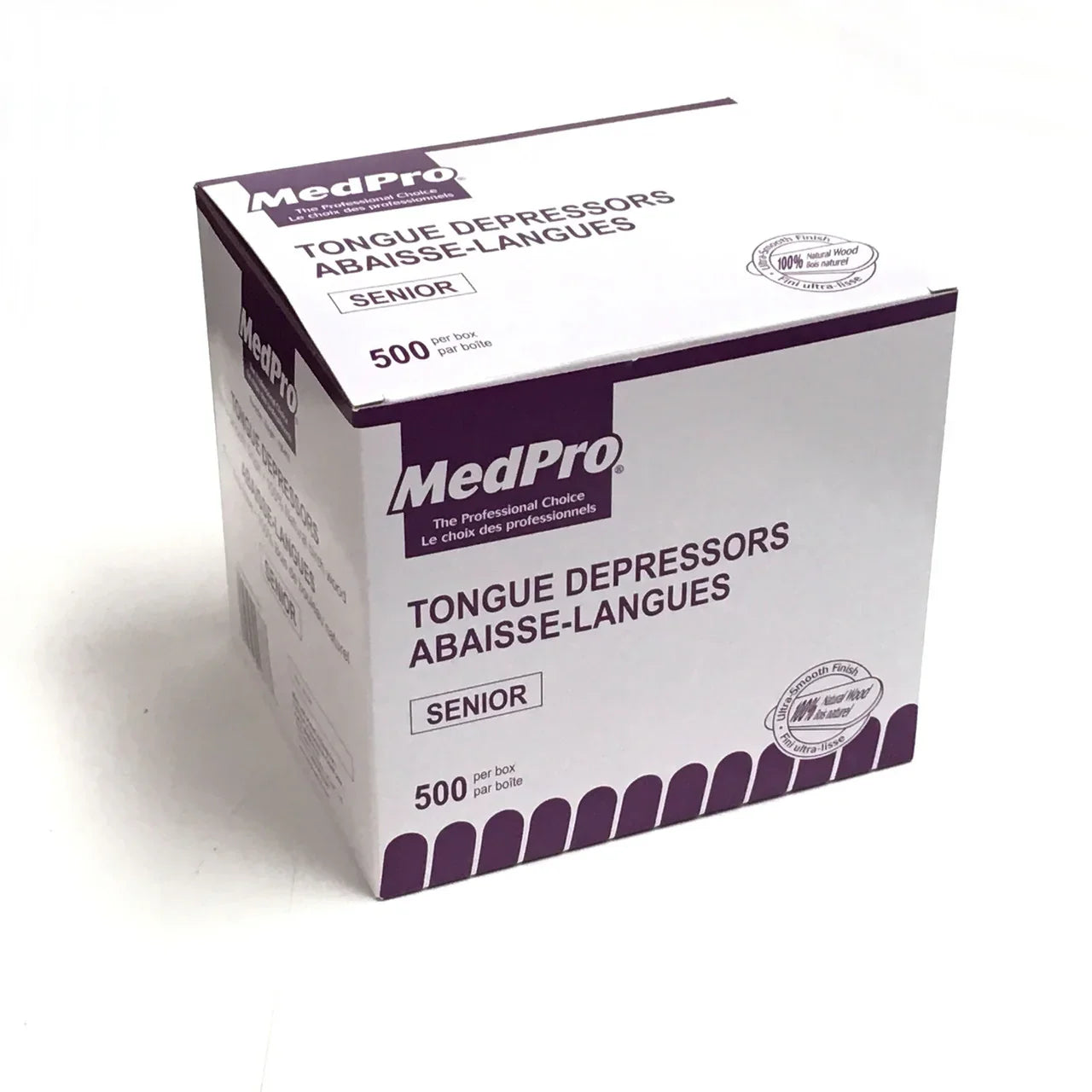 Box of MedPro senior tongue depressors medical supplies, 500 count, bilingual packaging