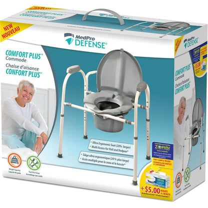 MedPro Defense Comfort Plus commode chair ergonomic bedside toilet packaging