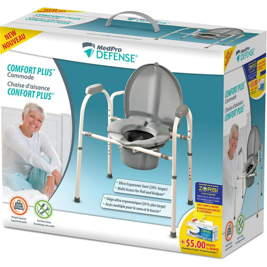 MedPro Defense Comfort Plus commode chair ergonomic bedside toilet packaging
