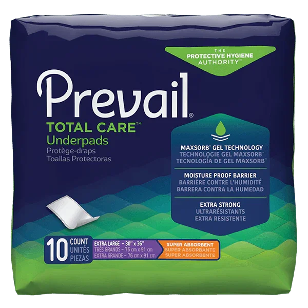Prevail Total Care underpads package, extra large, super absorbent, 10 count medical pads