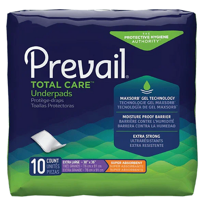 Prevail Total Care underpads package, extra large, super absorbent, 10 count medical pads