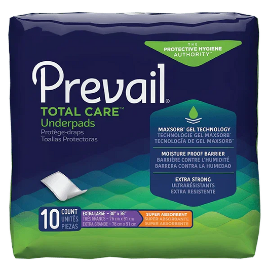 Prevail Total Care underpads package, extra large, super absorbent, 10 count medical pads