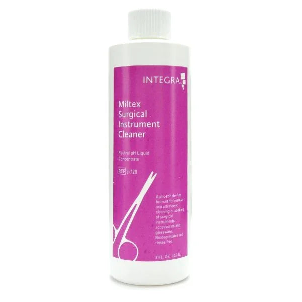 Miltex surgical instrument cleaner bottle with white cap and purple label for medical use