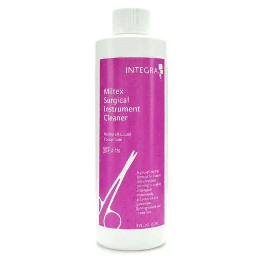 Miltex Surgical Instrument Cleaner bottle with white cap and purple label for medical use