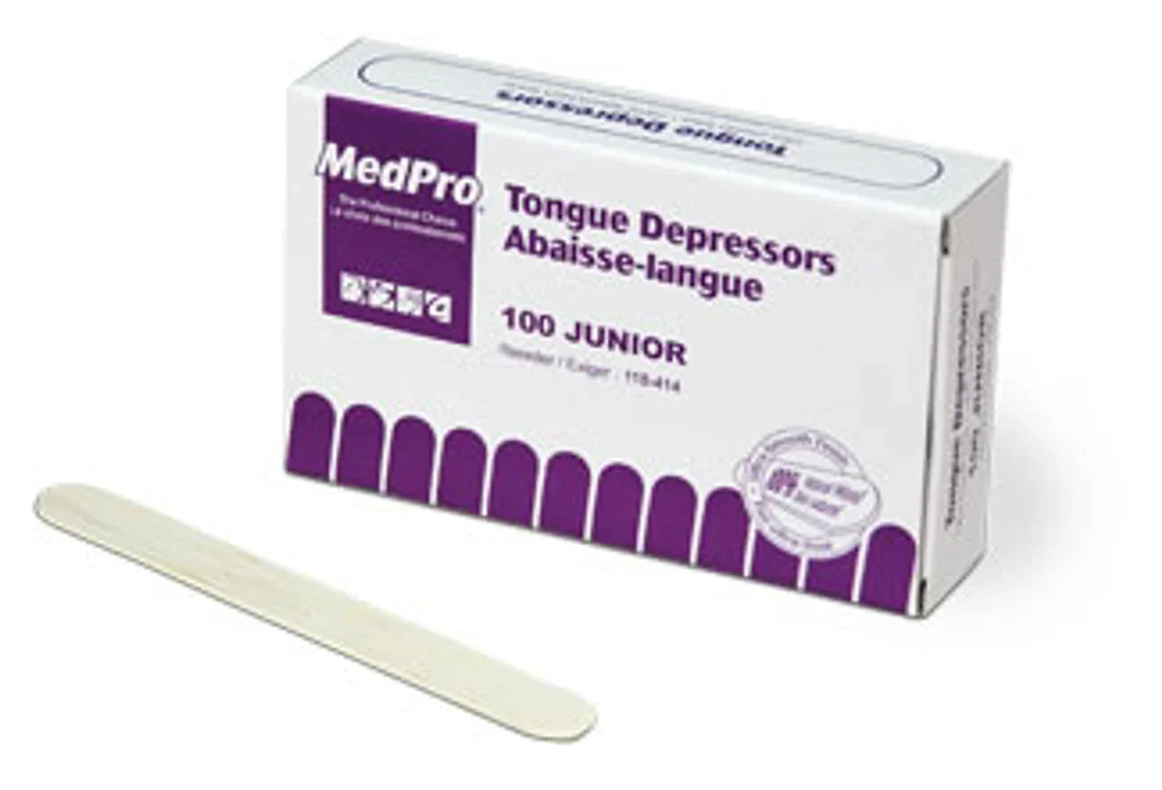 Box of MedPro junior tongue depressors with one wooden depressor in front, medical supply
